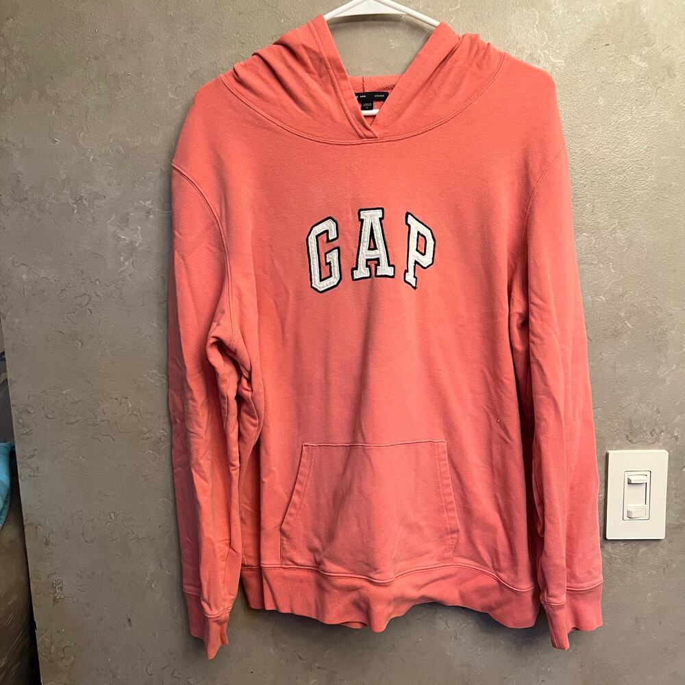 Vintage GAP Stretch Hoodie XL Coral Pink Logo Sweatshirt Retro Athleisure - Picture 8 of 12